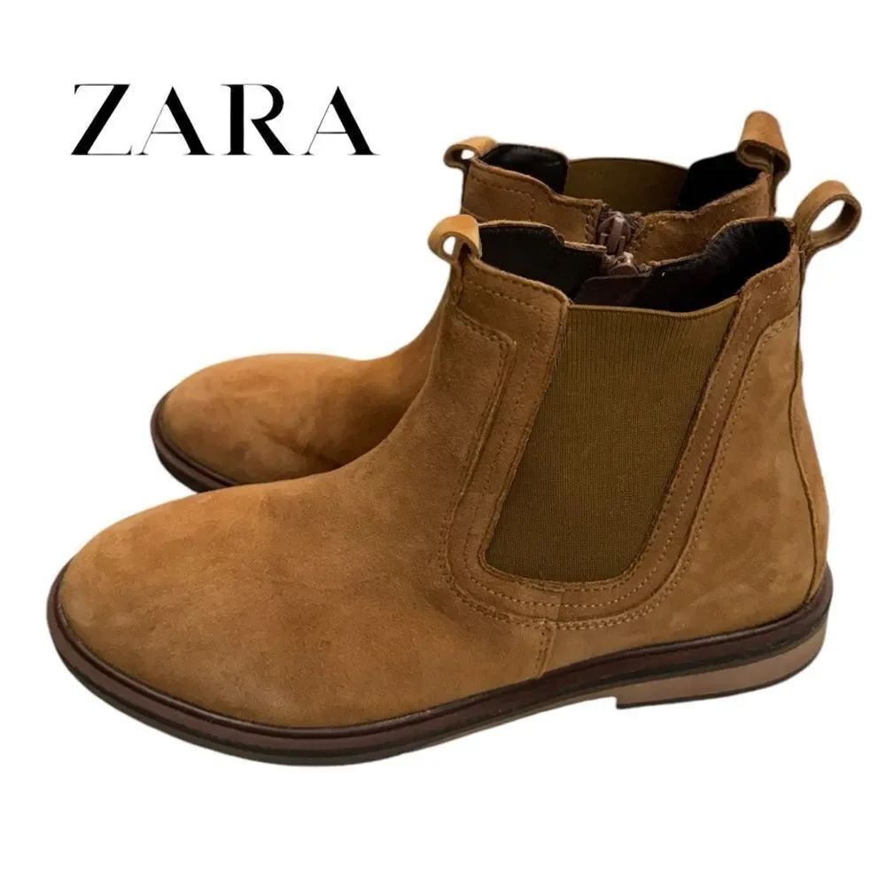 ZARA Women's Tan Suede Side Zipper Ankle Boots Booties 37